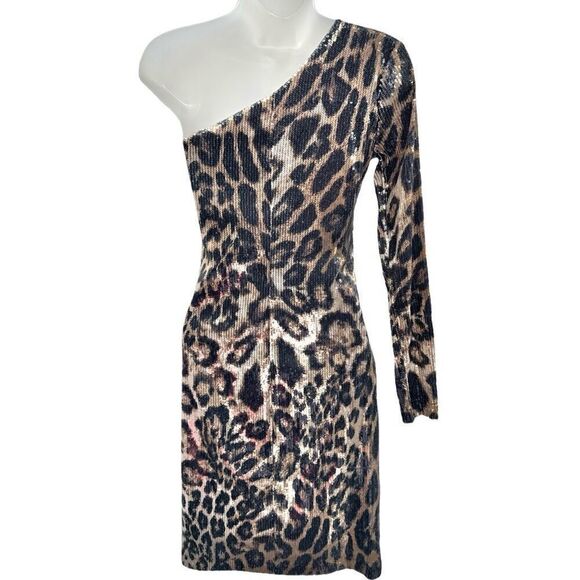 Jument One Shoulder BodyCon Mini Dress Womens Size 4 Leopard Sequin - Picture 4 of 6